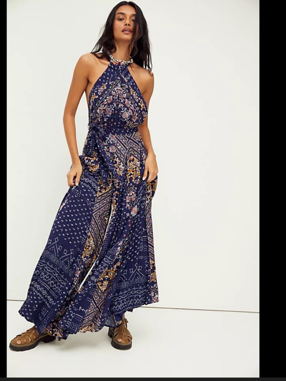 Free People Navy Floral Paisley Halter jumpsuit sz 0 #W3